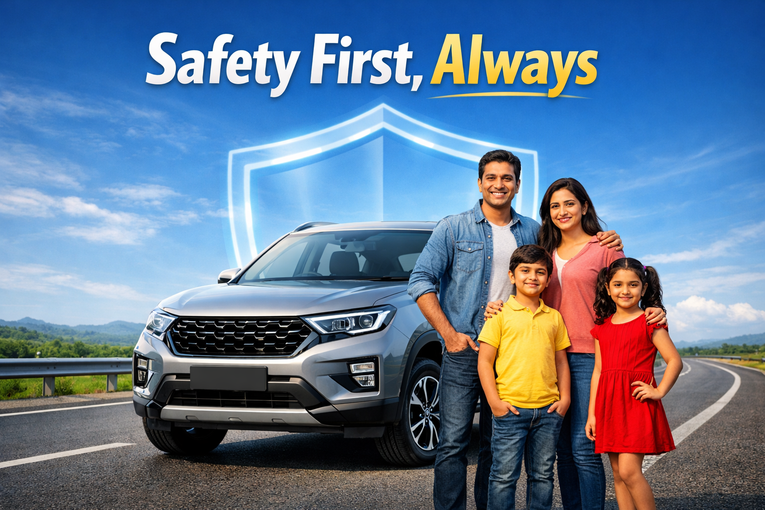 ndian family standing beside a safe SUV on a highway with a glowing shield symbol, representing car safety and trust.