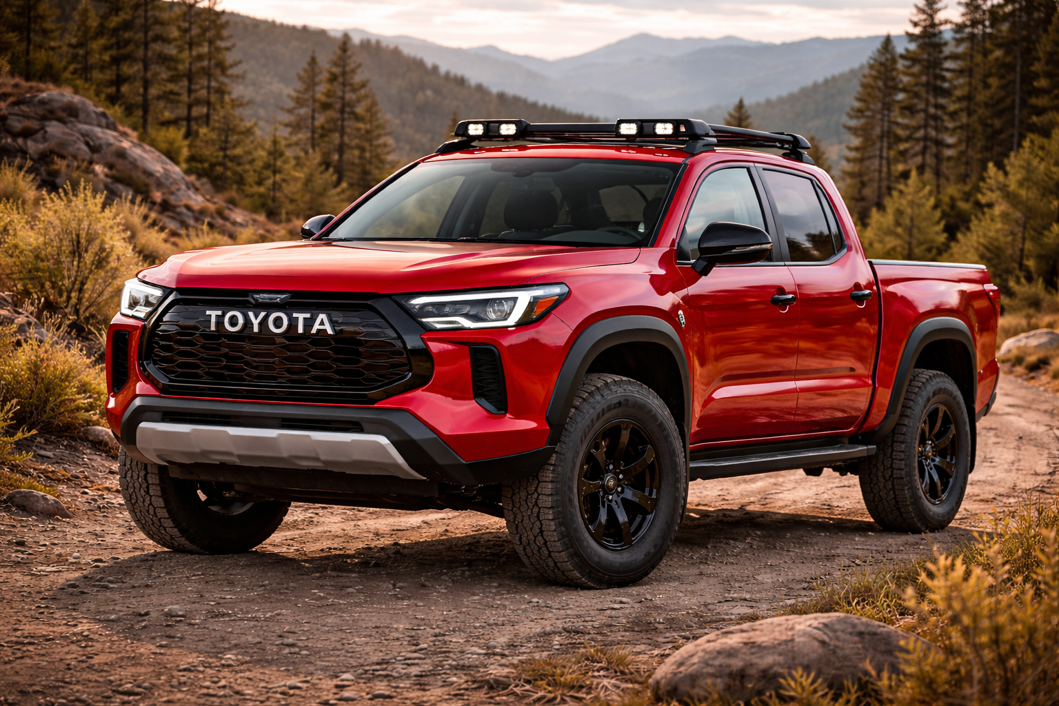 2026 Toyota Tacoma pickup truck in metallic gray parked on a forest trail, showcasing rugged off-road design, LED headlights, and roof rack, highlighting its advanced modern tech and outdoor capability.