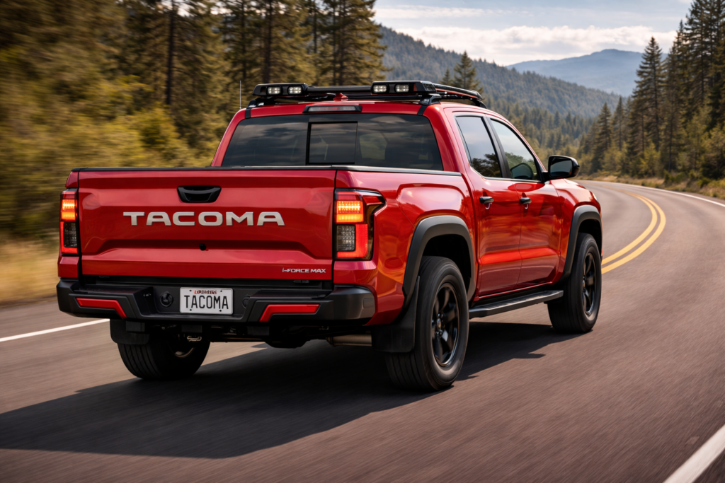 2026 Toyota Tacoma in vibrant red driving on a winding mountain highway, viewed from the rear three-quarter angle, showcasing rugged off-road tires, LED taillights, roof rack, and i-FORCE MAX badge, highlighting its powerful and advanced modern design.