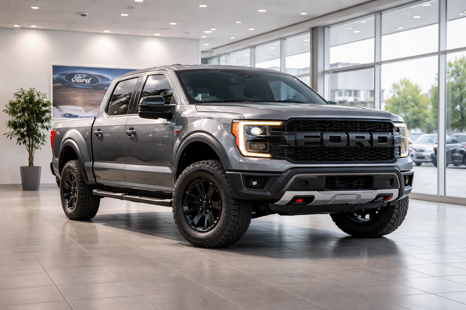 High-resolution image of a 2026 Ford F‑150 pickup truck in metallic gray standing in a modern showroom, showcasing its bold grille, rugged off-road tires, and powerful stance with bright indoor lighting and polished floor reflections.