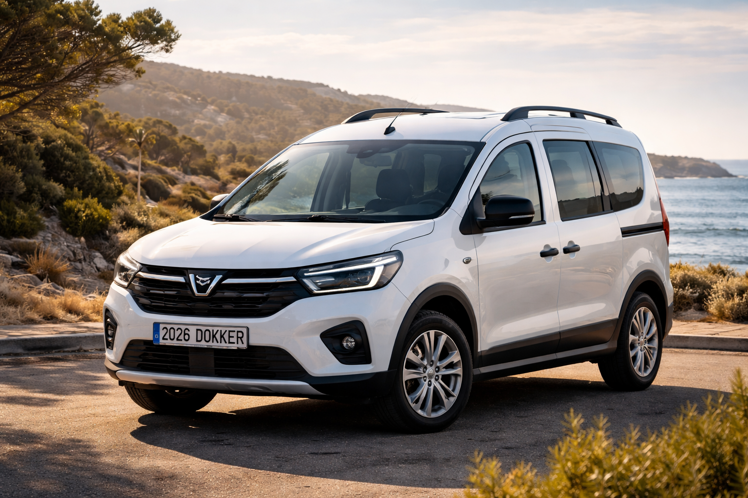 2026 Dacia Dokker parked on a coastal road, showcasing its modern design, practical MPV shape, and realistic showroom-ready exterior in natural daylight.