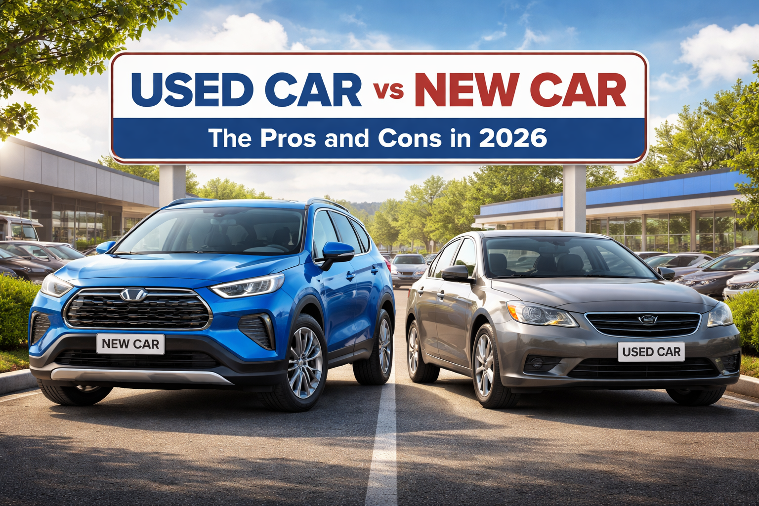 Used car vs new car comparison in 2026 showing a new SUV and a used sedan parked at a dealership, highlighting the pros and cons of car buying choices in natural daylight.
